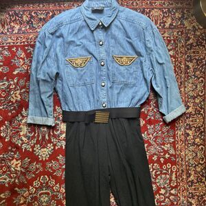 Vintage PG Collections Jumpsuit Womens Blue Denim Boho Elastic Waist Beaded Belt